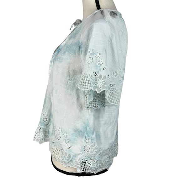 Anthropologie X-Small Top Tie-Dye Floral Embroidered Keyhole V-Neck Eyelet Lace - Picture 7 of 12